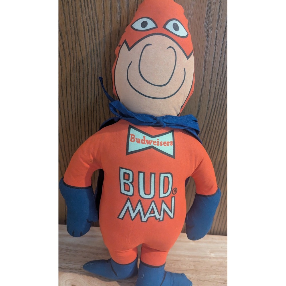 Vintage 70s Budweiser Bud Man Plush Doll 15" Beer Advertising Superhero Man Cave